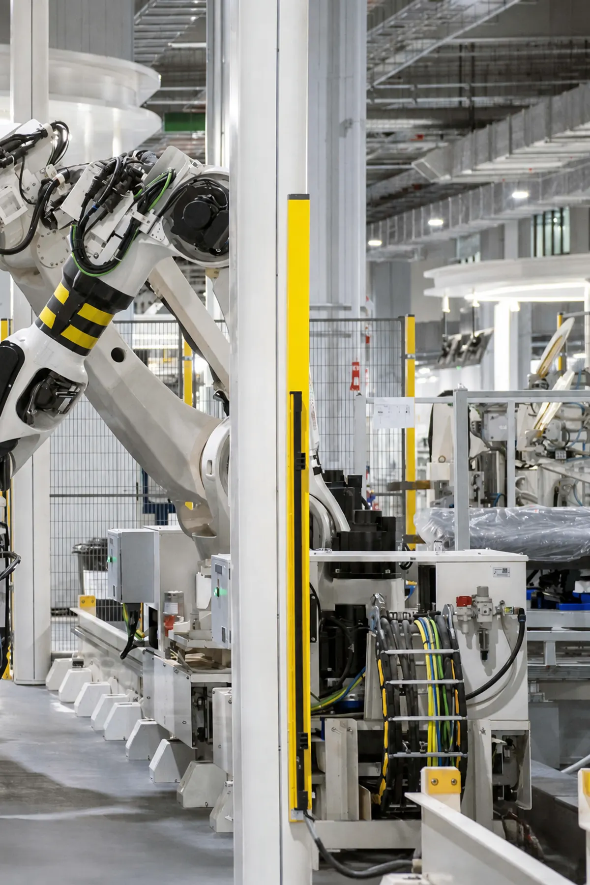 Industrial plant floor with robotic equipment and cable runs